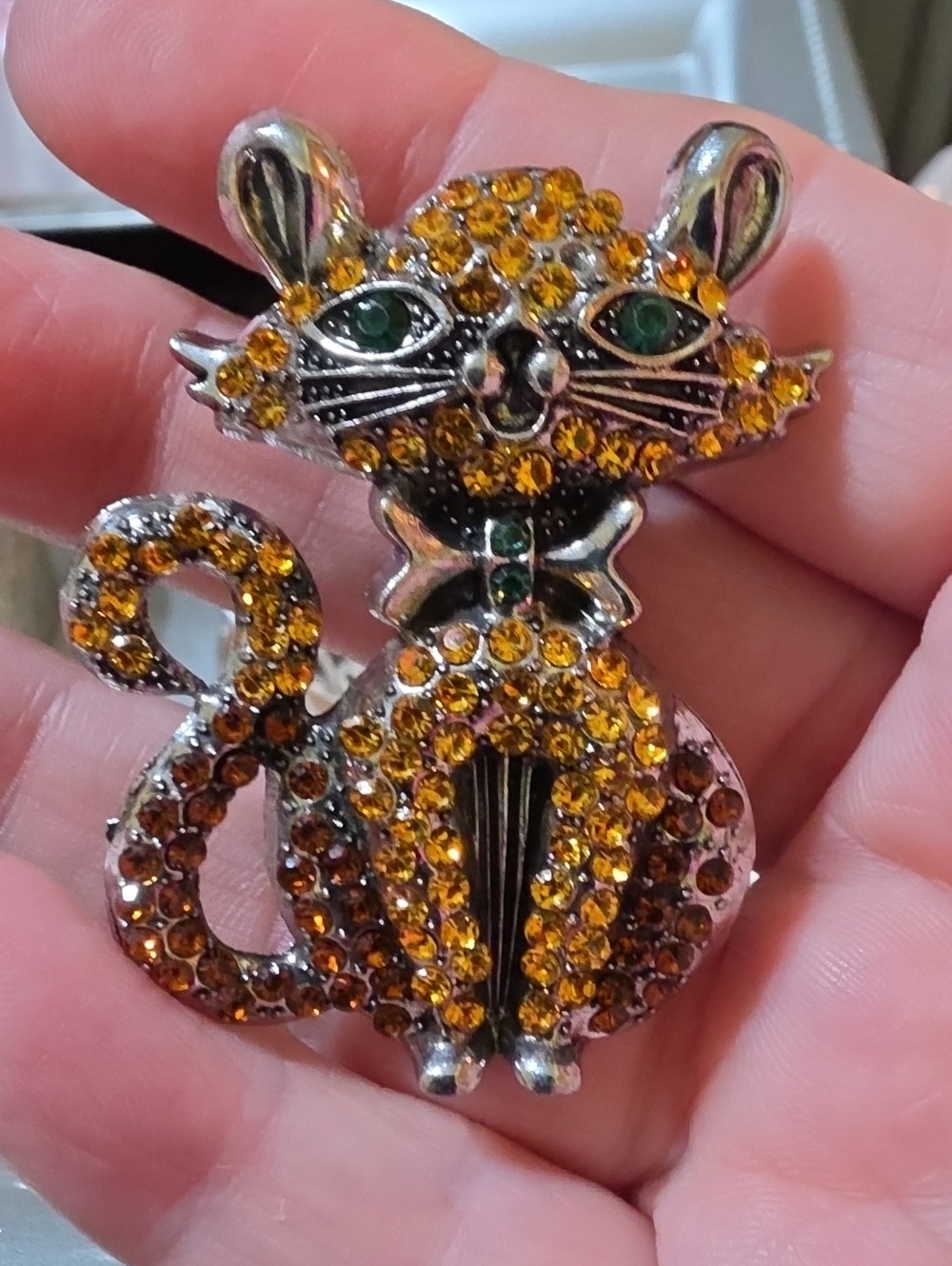 A14- Crystal Cat Brooch - Amber and Green Rhinestones